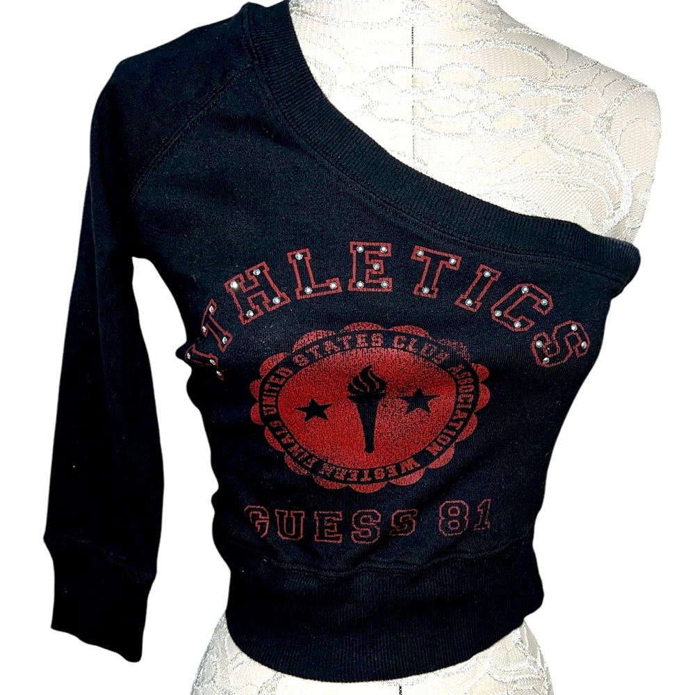 Guess Black One-Shoulder Graphic Sweatshirt with Red Print